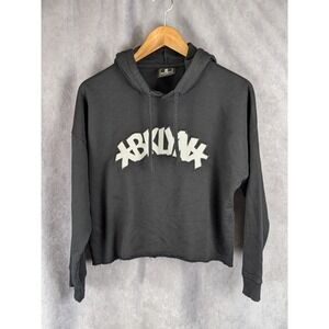 FISLL NBA Brooklyn Nets Cropped Hoodie Black White Graphic Pullover Womens Large